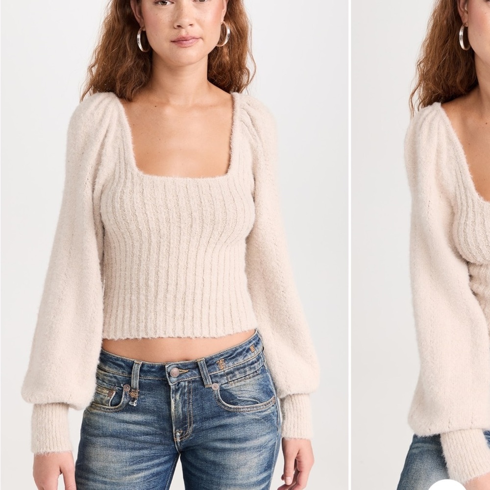 Free People Katie Pullover Puff Sleeve Cozy Brushed Knit Cream Sweater Sz XS - Picture 7 of 9